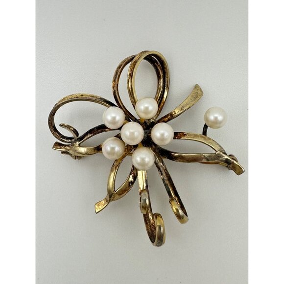 RR vintage sterling silver gold vermeil real freshwater pearls ribbon brooch pin - Picture 4 of 8